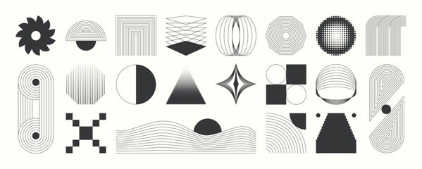 Abstract minimal element mid century vector set. Aesthetic contemporary stripe line art, vintage geometric shape in monochrome. Atomic age Art form design for wall art, decoration, wallpaper.