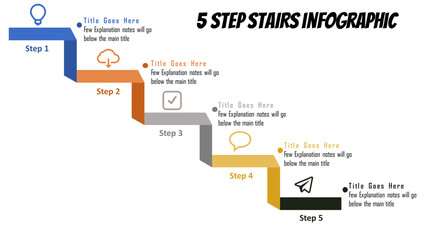 5 Step Stair Infographic with Icons and Labels. Fully editable modern infographic vector elements SVG file compatible with PowerPoint, Illustrator, and most vector-based applications.