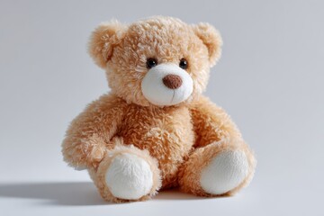 Obraz premium Small teddy bear sitting upright on seamless white backdrop