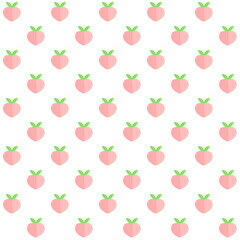 Seamless pattern with peach fruit with green leaf on white background..Summer.Surface for textile.Decoration ornament for fabric or cloth.Modern backdrop.Cute wrapping paper.Vector illustration.