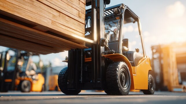 Heavy industrial forklift lifting wooden pallet in outdoor warehouse yard during daytime.