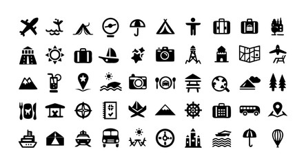 Travel and Vacation Outline Icon Set – Editable Stroke Vector with Tourist, Flight, Transport, Hotel, Camping, Hiking, Dining, Map, and Outdoor Adventure Symbols

