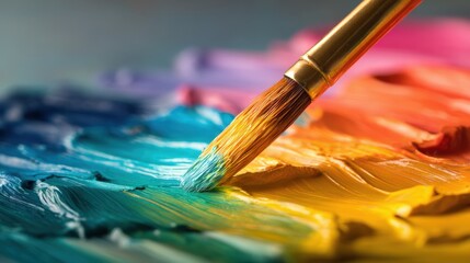 Fototapeta premium Close-up of a paintbrush mixing vibrant colors on a colorful palette for art creation.