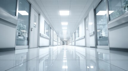 Fototapeta premium Modern hospital corridor with bright lighting clean white walls and large windows.