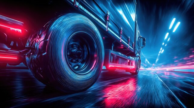 Futuristic high speed truck driving through neon-lit tunnel with motion blur.
