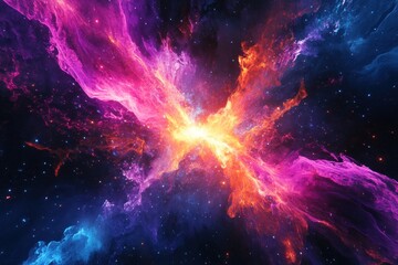 Visual explosion of neon flames in space-like background, high-tech feel