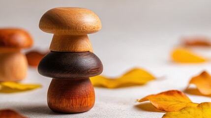 Stack of three smooth polished mushrooms with fall leaves scattered around on neutral background.