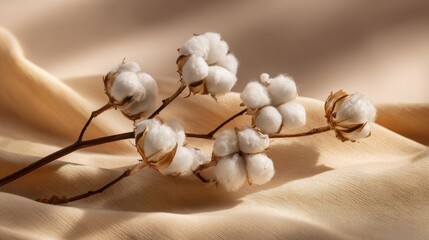 Close-up of cotton branch with fluffy white cotton bolls on beige fabric background.