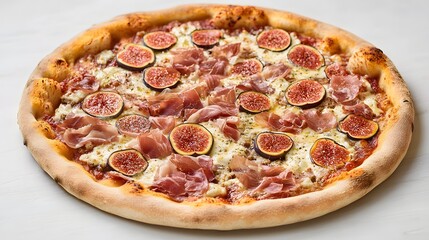 Delicious round pizza topped with figs, prosciutto, and mozzarella.