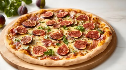 Delicious fig pizza with prosciutto and cheese.