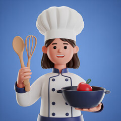 Smiling cartoon chef holding a spoon, whisk, and bowl with a red apple, wearing a white hat on blue background.    AI Generated.