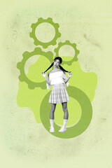 3d sketch image vertical collage of happy businessman businesswoman stand gearwheel optimization...