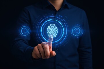 Person's finger touches a digital fingerprint graphic.