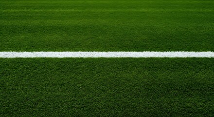 Obraz premium a well-maintained green grass field with a thick white line running horizontally across the center. wallpaper, Thick horizontal white painted line is running across green grass turf in flat vector