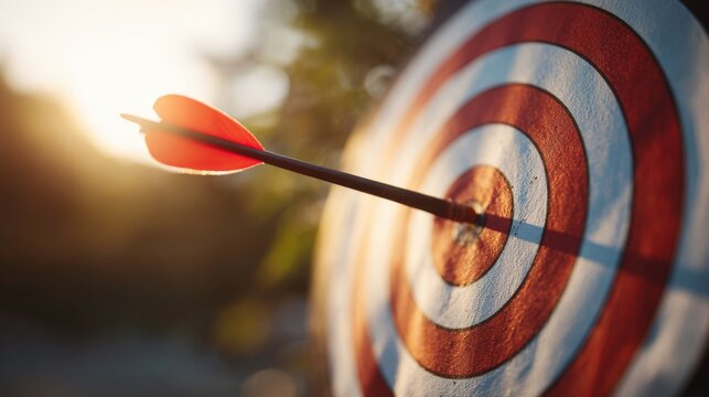 Close-up of a traditional archery target with an arrow hitting the bullseye in warm sunlight.