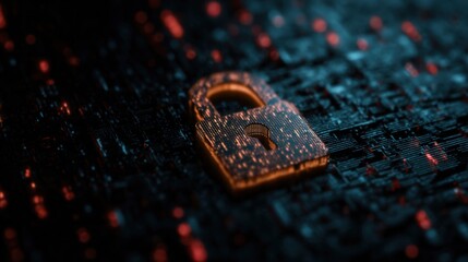 Close up of a rusty padlock with digital effects on dark textured background symbolizing cyber security.