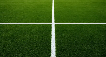 Fototapeta premium a green grass field with a thick white line running horizontally across the center. Thick horizontal white painted line is running across green grass turf in flat vector illustration, wallpaper