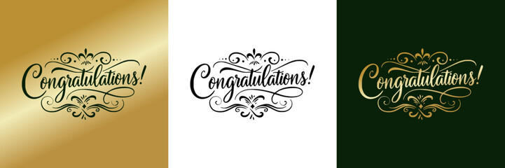 "Congratulations!" isolated vector image congratulatory inscription for greeting cards, t-shirt print three versions - on gold, transparent and colored backgrounds