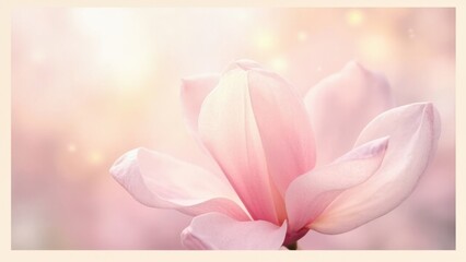 Fototapeta premium Pink Magnolia Dream. A soft and dreamy image showcasing a beautiful pink magnolia flower in full bloom. The petals are delicate and luminous, and the background is a gentle blend of pastel hues 