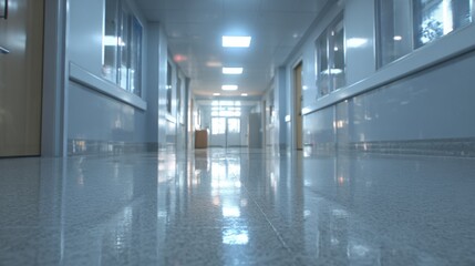 Fototapeta premium Brightly lit hospital corridor with glossy tiled floor and large windows at end.
