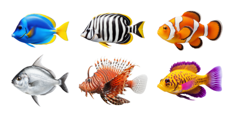 Collection of six colorful tropical and aquarium fish on white background