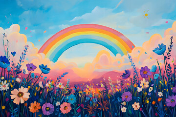 Fototapeta premium a painting of a rainbow in a field of flowers