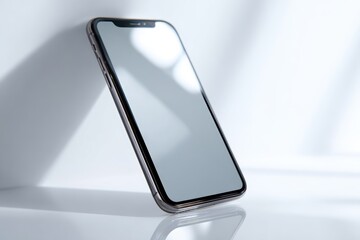 Smartphone with blank screen and reflection on white surface