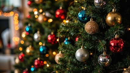 Festive Christmas Tree Ornaments and Lights. A close-up view of a beautifully decorated Christmas tree, showcasing a variety of festive ornaments and twinkling lights. 