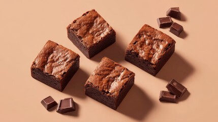Delicious chocolate brownies with rich texture and melted chocolate pieces on beige background.