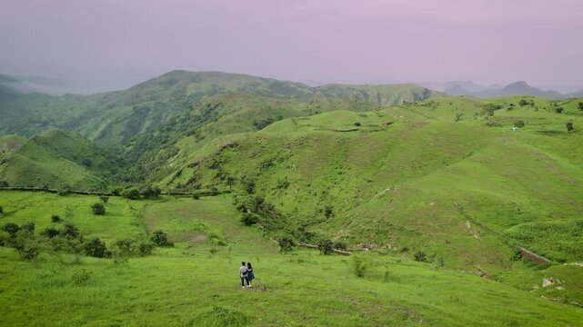 Aerial view of Rayta Hills in Udaipur, Rajasthan, India. Lush green mountains during the monsoon season &mdash; perfect for travel and holidays.