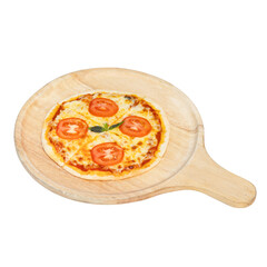 A Delicious Pizza on wooden plate: a tempting Margherita pizza, adorned with fresh tomato slices and basil leaves, rests upon a rustic wooden plate. A culinary delight!