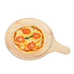 Pizza on wooden board: A close-up shot of a delicious pizza, featuring melted cheese and fresh tomato slices, elegantly presented on a rustic wooden serving board.