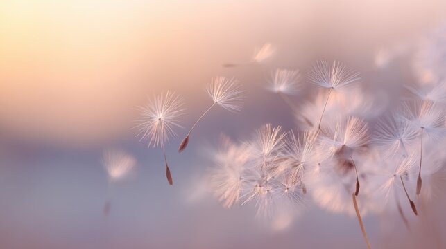 Close-up of dandelion seeds drifting in the breeze during sunset with soft pastel colors.