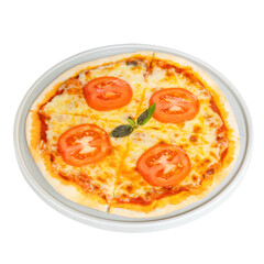Margherita Pizza: A classic Margherita pizza, topped with fresh tomato slices and basil, sits invitingly, the perfect culinary experience for any occasion. 