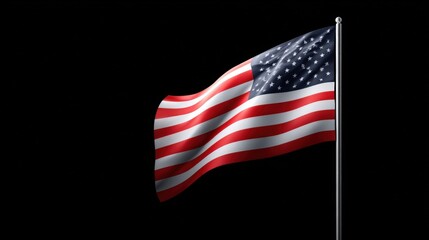 American flag waving in the wind on a clear black background with vibrant colors.