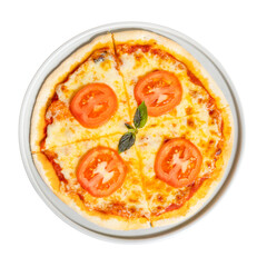 Delicious Pizza: A mouthwatering, top-down perspective of a perfectly crafted pizza, with a golden crust and vibrant tomato slices, is a culinary delight.