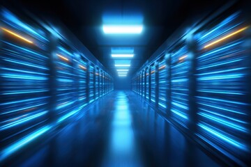 Futuristic data center corridor illuminated with vibrant blue neon lights and server racks.