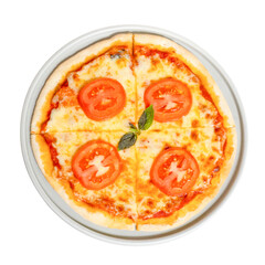 A culinary masterpiece pizza with fresh ingredients: A mouthwatering pizza, adorned with vibrant tomato slices and a sprig of basil, rests on a pristine plate.