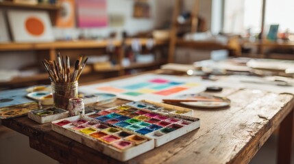 Fototapeta premium Artistic studio workspace with colorful paints brushes watercolors and art supplies.