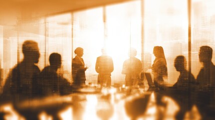 Business team meeting with diverse professionals collaborating in modern office sunlight.