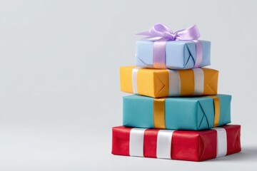Stack of colorful gift boxes tied with ribbon on white