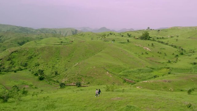 Aerial view of Rayta Hills in Udaipur, Rajasthan, India. Lush green mountains during the monsoon season &mdash; perfect for travel and holidays.