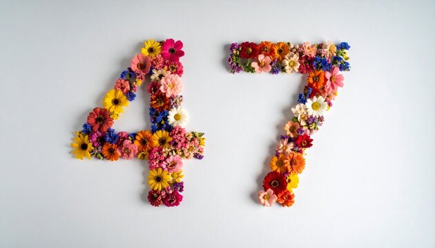 Number 47 made out of flowers with solid white background. Photo for 47th birthday or anniversary party