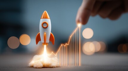 Dynamic business growth concept with rocket launch and rising financial chart.