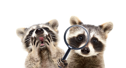 Portrait of a curious raccoon looking through a magnifying glass and funny surprised raccoon isolated on white background