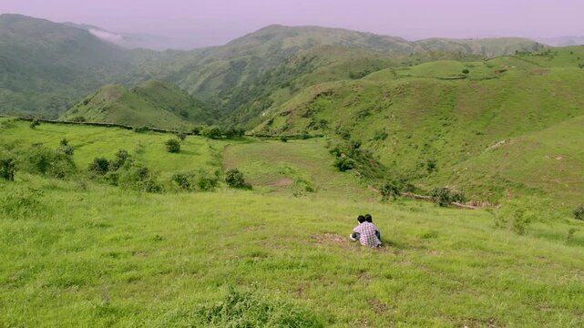 Aerial view of Rayta Hills in Udaipur, Rajasthan, India. Lush green mountains during the monsoon season &mdash; perfect for travel and holidays.