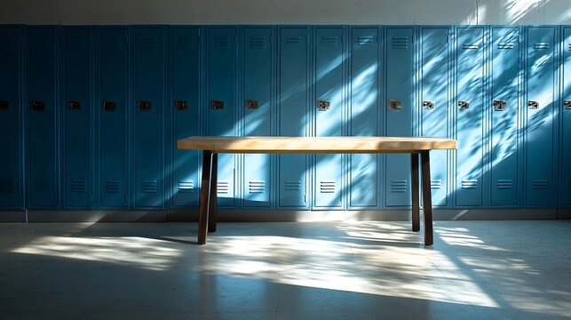 Sunlit wooden table in front of blue school lockers with shadow patterns
