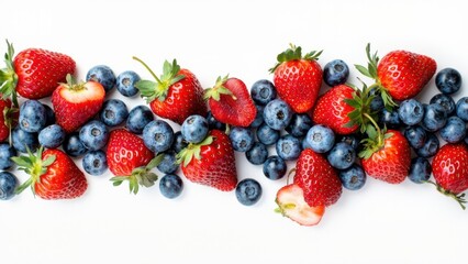 Obraz premium Strawberries and Blueberries on White Background. A vibrant arrangement of fresh strawberries and blueberries scattered across a white background. The strawberries are bright red and some have green 