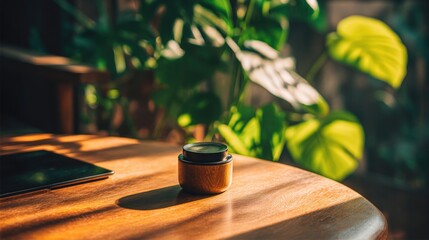 Obraz premium Modern minimalist smart speaker with sleek wood finish placed on a wooden table in bright natural sunlight.