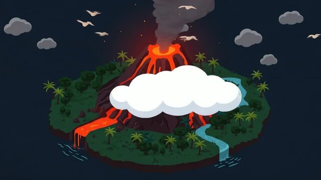 Animated volcanic eruption on tropical island with lava flow palms waterfall set against dark sky with clouds and birds